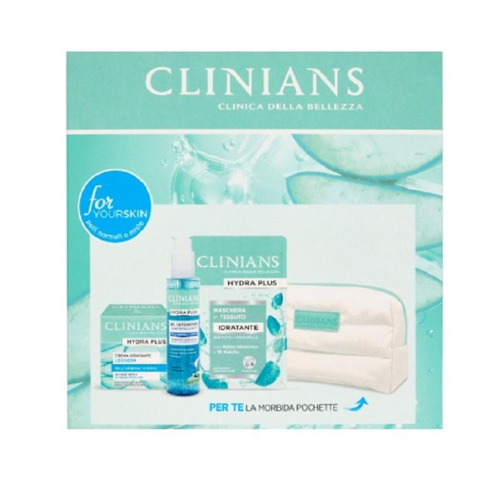 Clinians Hydra Plus Coffret Crema Idratante + Gel Detergente + Maschera + Pochette