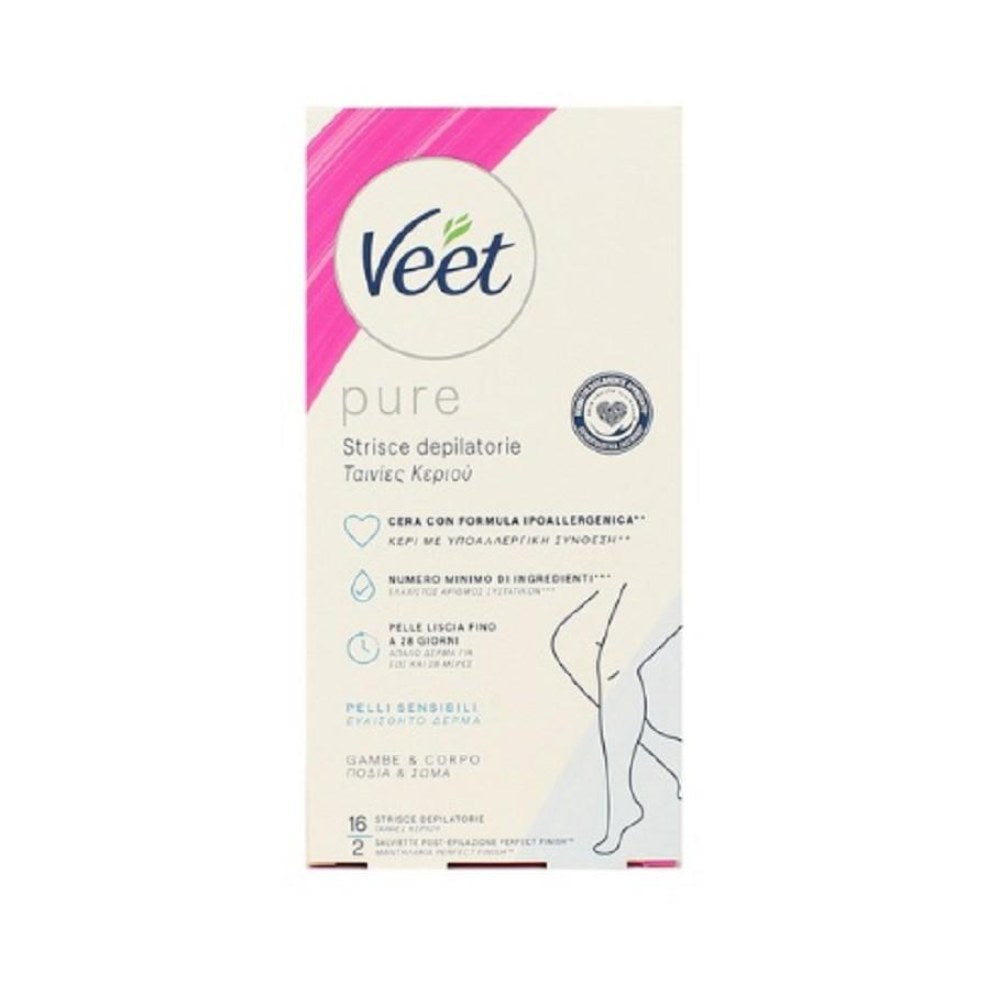 Veet Pure Strisce Depilatorie Gambe & Corpo Pelli Sensibili 16 Pz + Salviette