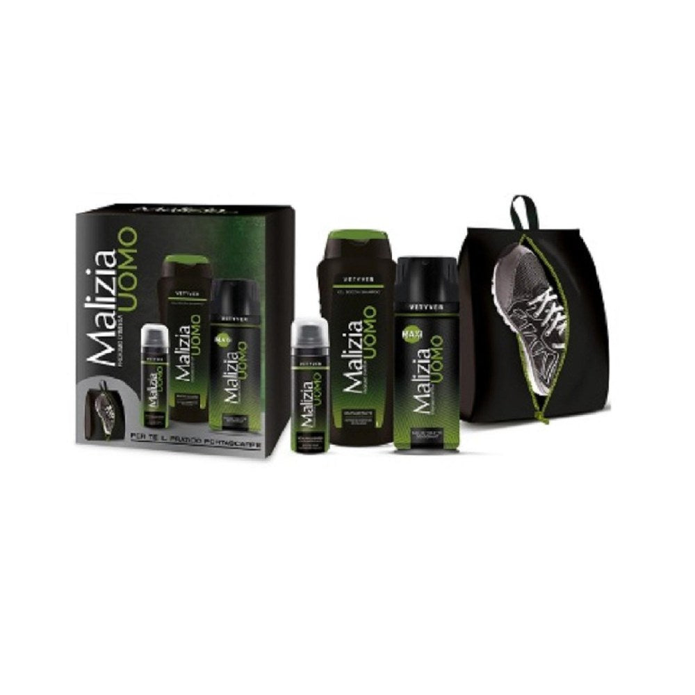 Malizia Uomo Vetyver Coffret DEO 175Ml + D/S 250Ml + Schiuma Barba 50Ml + Portascarpe